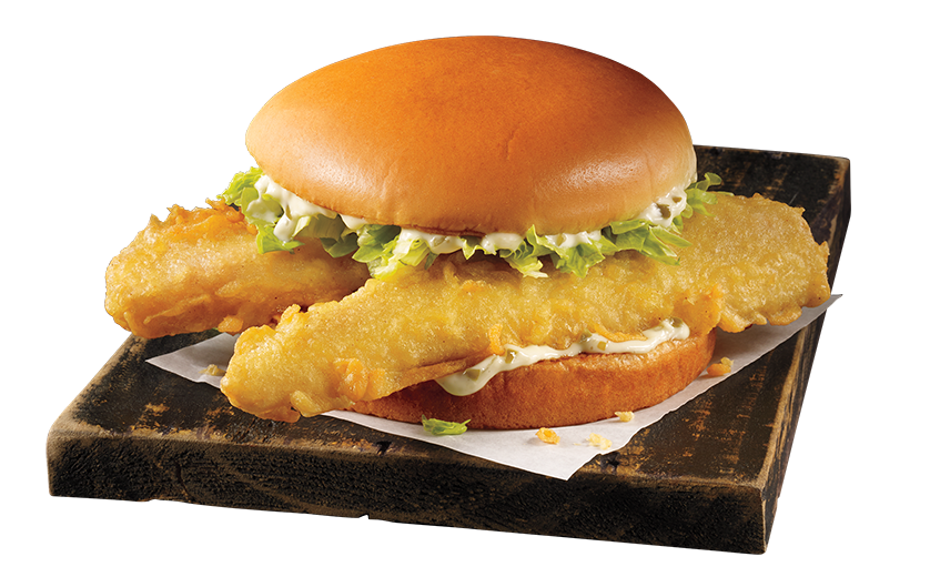 Two Batter Dipped Fish fillets on a toasty bun with tangy tartar sauce and shredded lettuce.