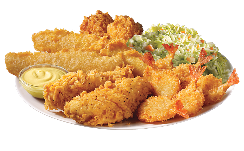 Two pieces of our famous Batter Dipped Fish, two premium hand-breaded Chicken Tenders, and six Butterfly Shrimp. Served with your choice of two sides and Hush Puppies