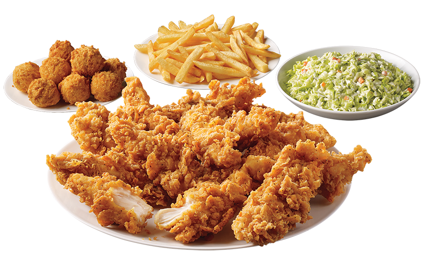 12 pieces of hand breaded chicken tenders, hush puppies and your choice of six classic sides.