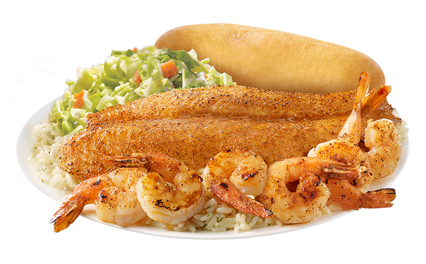 Grilled Shrimp and Fish over a bed of rice with coleslaw and breadstick.