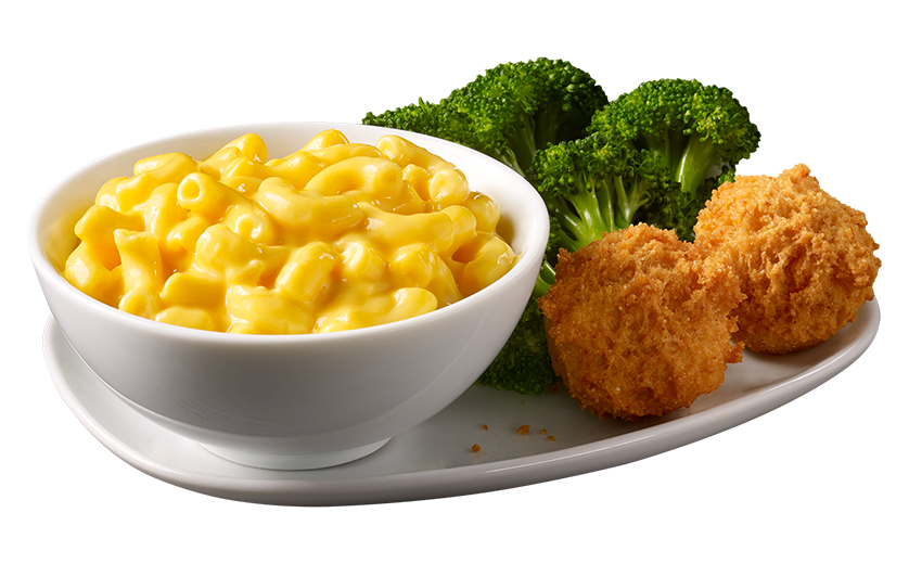 Classic home-style macaroni and cheese, with choice of one side, Hush Puppies and a drink.